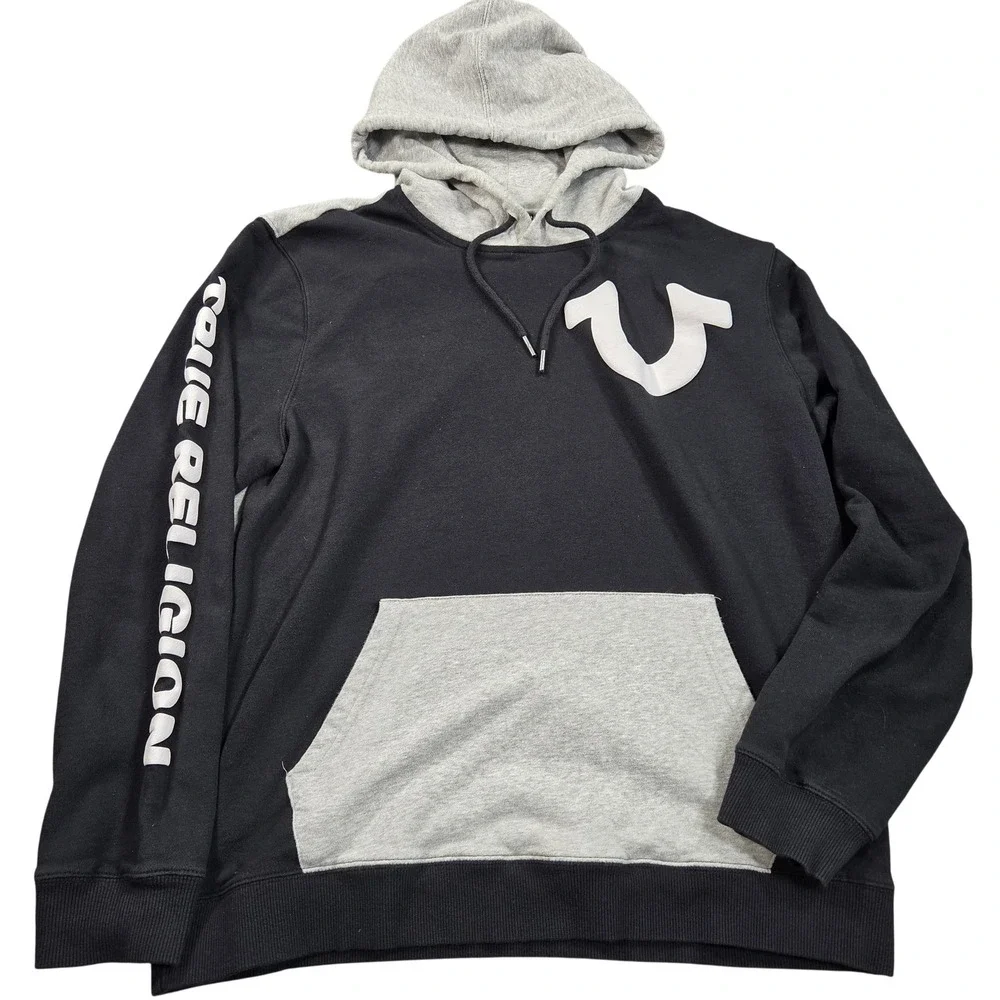 True Religion Hoodie Sweatshirt Mens Large Black Color Block Fleece Pullover